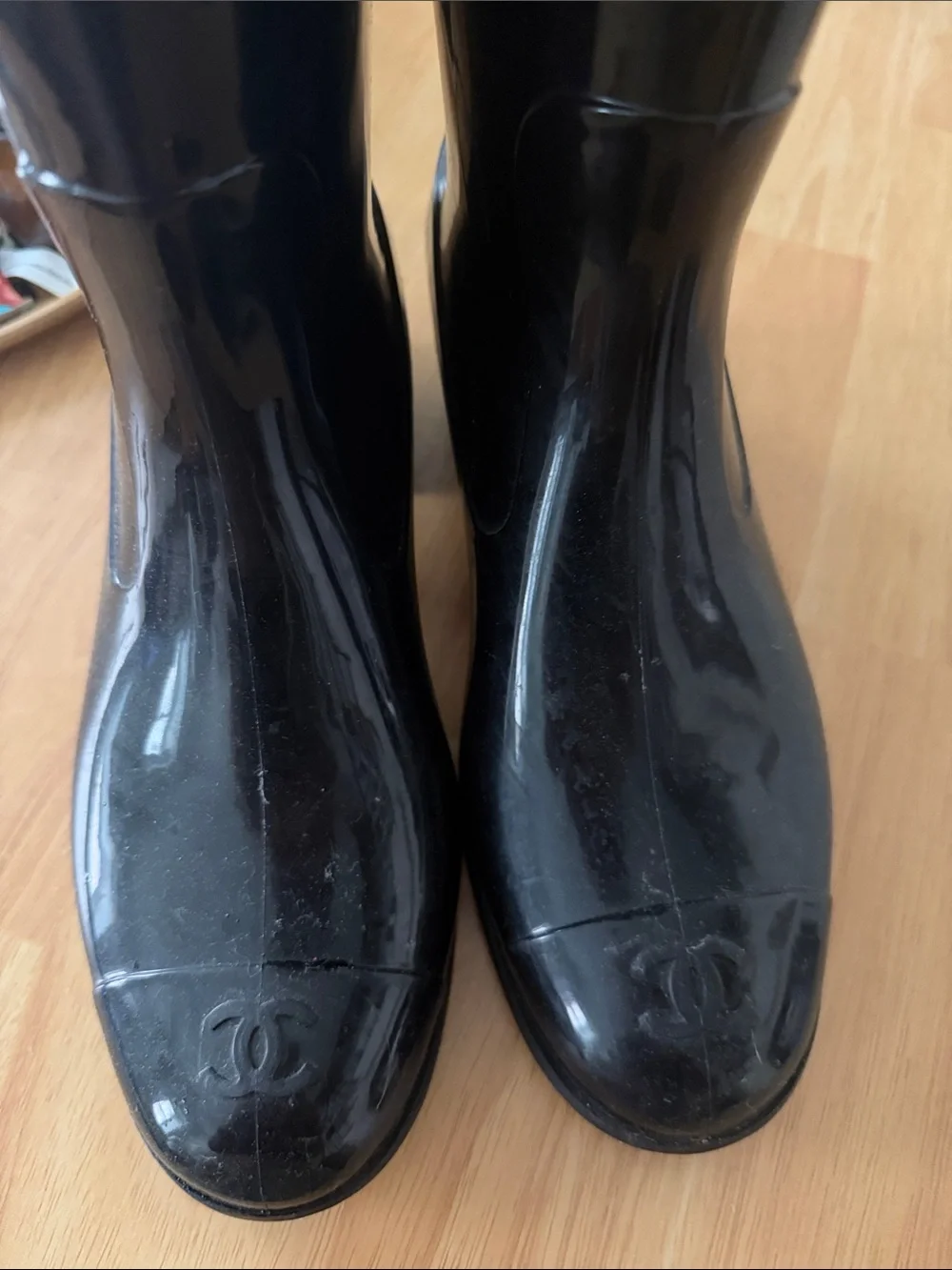 CHANEL Black Gloss Camellia-Embellished Rain Boots